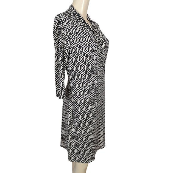 J. McLaughlin 3/4 sleeve black‎ cream abstract faux wrap dress M - Picture 3 of 10